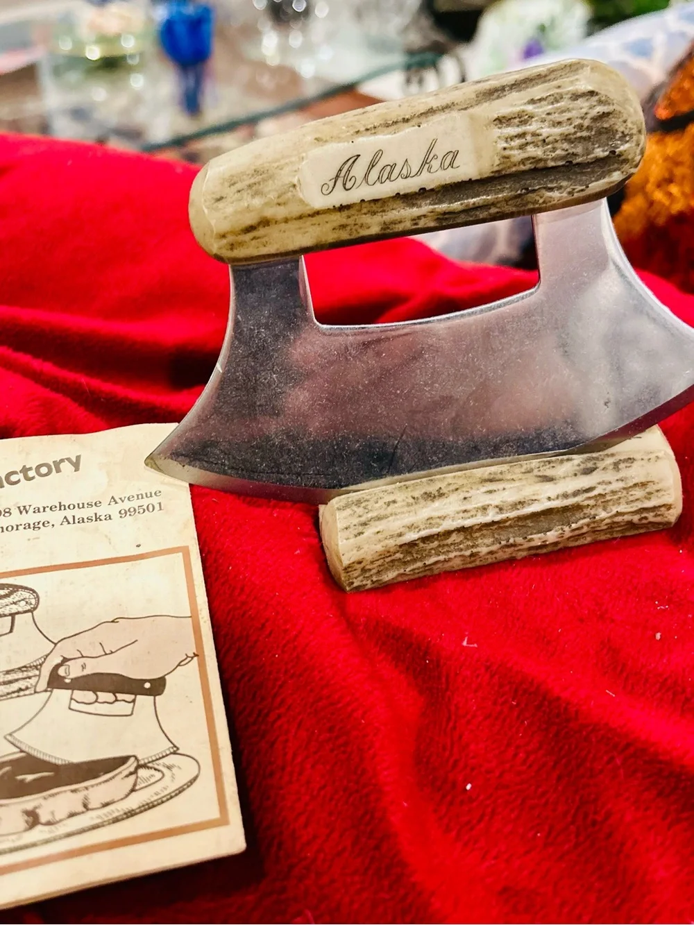 Ulu Alaska Mezzaluna Knife with Antler Handles - Silver Blade